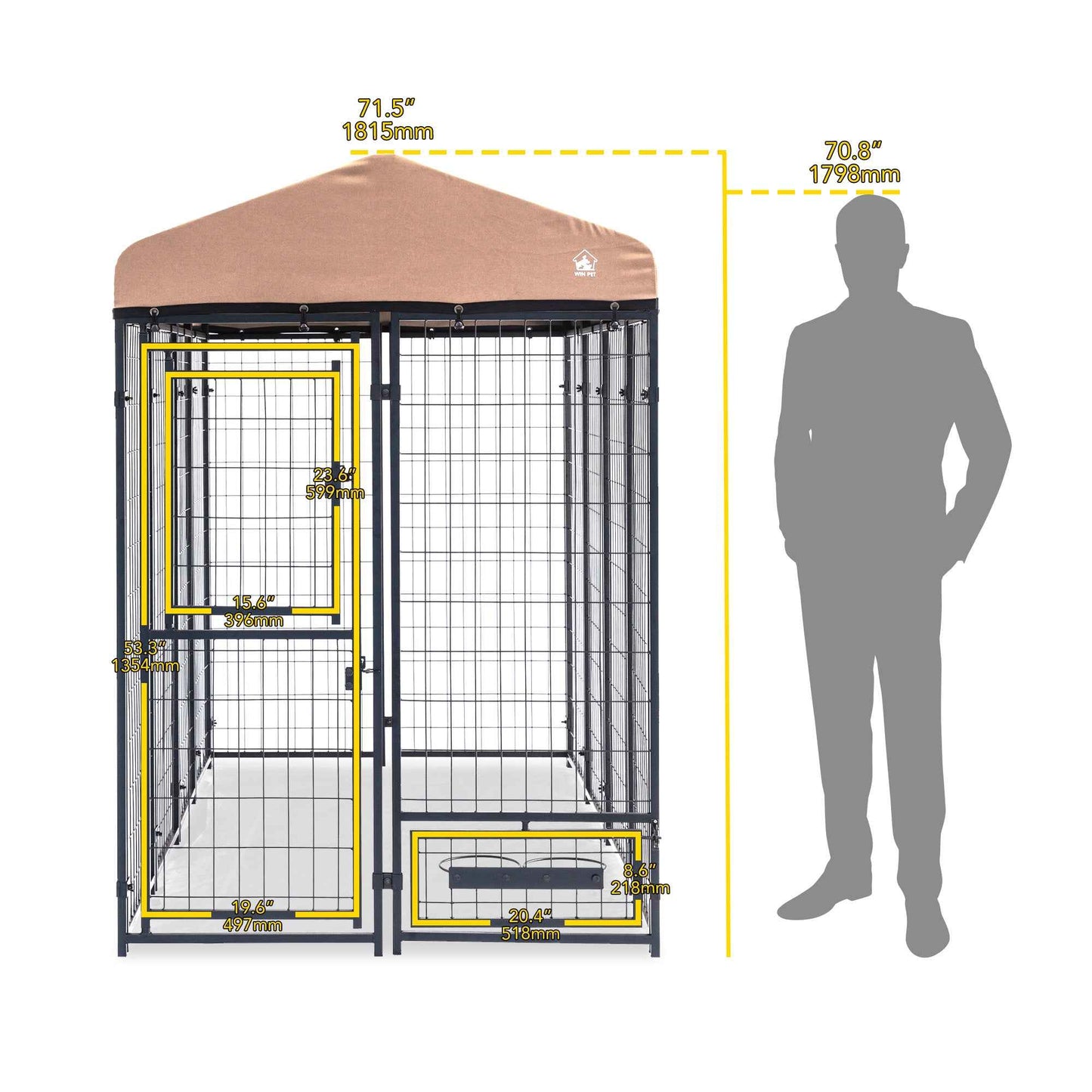 Upgraded Dog Kennel - Win World Int'l 4' x 8' x 6' High-Quality Outdoor Dog Housing showing dimensions
