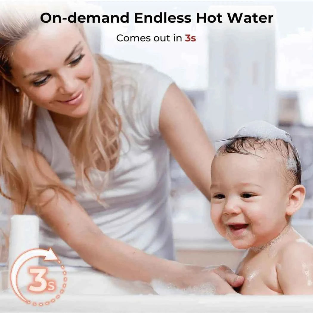 Camplux Electric Tankless Water Heater helping mother bathe baby
