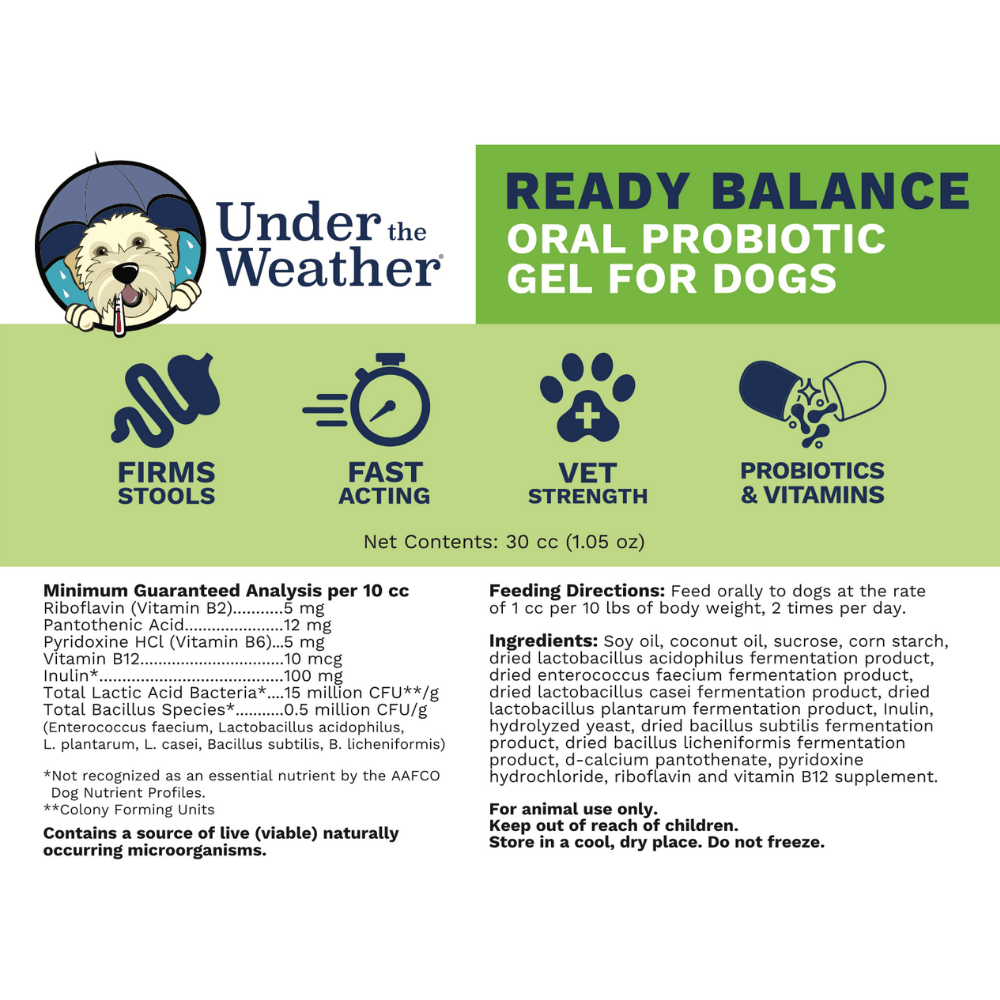 Product label for Under the Weather Ready Balance Oral Probiotic Gel for dogs with text and graphics.